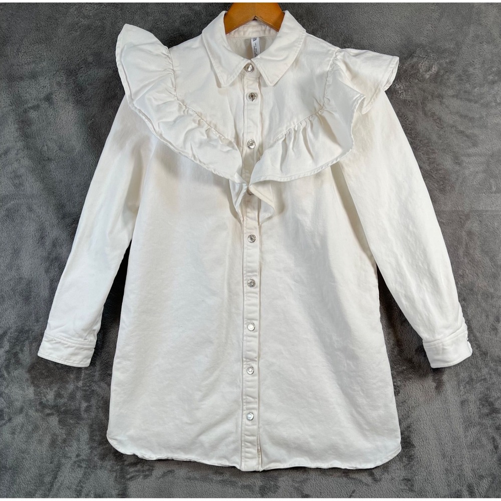 Zara Ruffled Denim Mini Shirt Dress Size Large Ivory Western Cowgirl